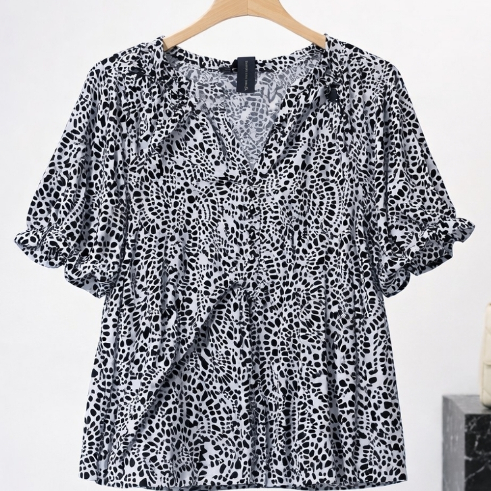 Adrienne Vittadini Women's Top Black Ivory Short Sleeve Blouse Sz XL NwT